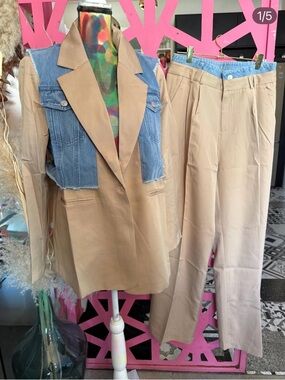 Beige Pants with Denim-Trim Blazer Set